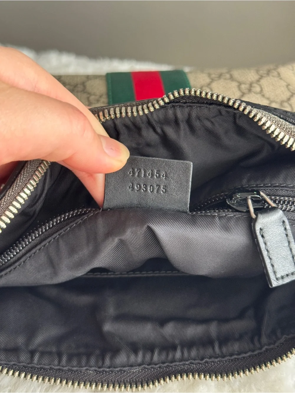Gucci small Beige GG Canvas Messenger Bag with Green & Red Stripe
